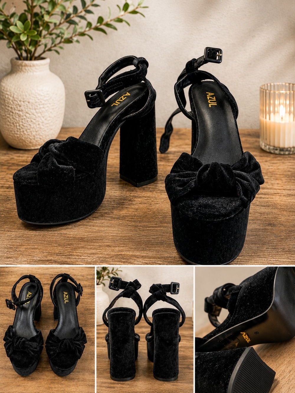 AZUL Black Velvet Platform Sandals with Knotted Bow